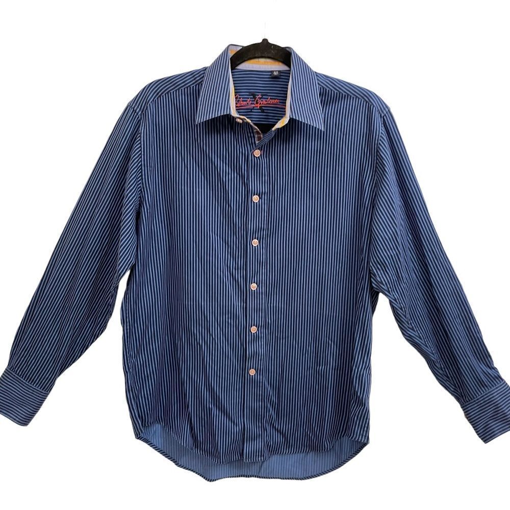 ROBERT GRAHAM PINSTRIPED BLUE BUTTON DOWN COLLARED LONGSLEEVE TOP‎ SZ medium